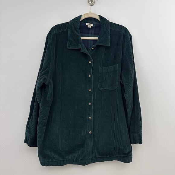 LL Bean Womens 1X Green Flannel Lined Corduroy Jacket Chore Barn Button Up - Picture 1 of 5